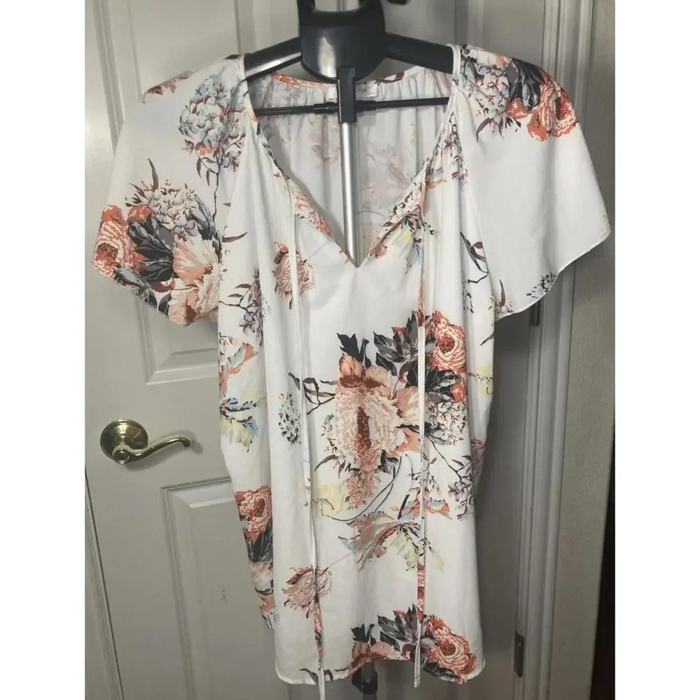 SimpleFun Women's 2X V-Neck Blouse Top Short Sleeve Peasant Floral‎ Orange Fall - Picture 2 of 5